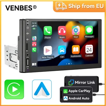 VENBES 1 DIN Radio para automóvil con CarPlay y Android Auto Pantalla táctil de 7 pulgadas Soporte Mirror Link Bluetooth Cámara de marcha atrás opcional 1