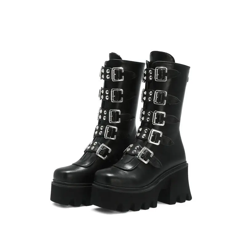 New Winter Gothic Punk Women's Platform Boots Black Buckle with Zipper Crawling Wedges Mid Calf Military Combat Boots Women 43