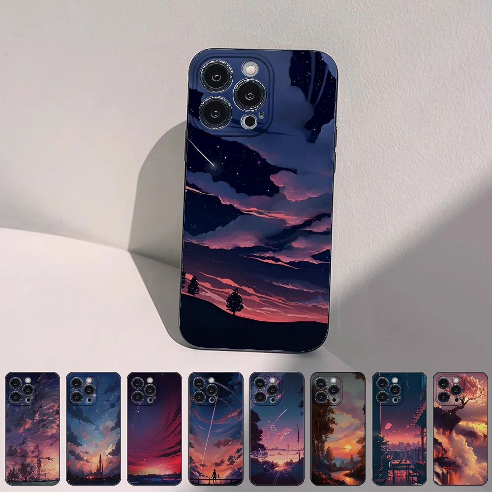 

Anime Sunset Landscape Black For IPhone 14 Plus 13 12 Mini 11 Pro X XS XR Max Silicone Cover Funda Shell