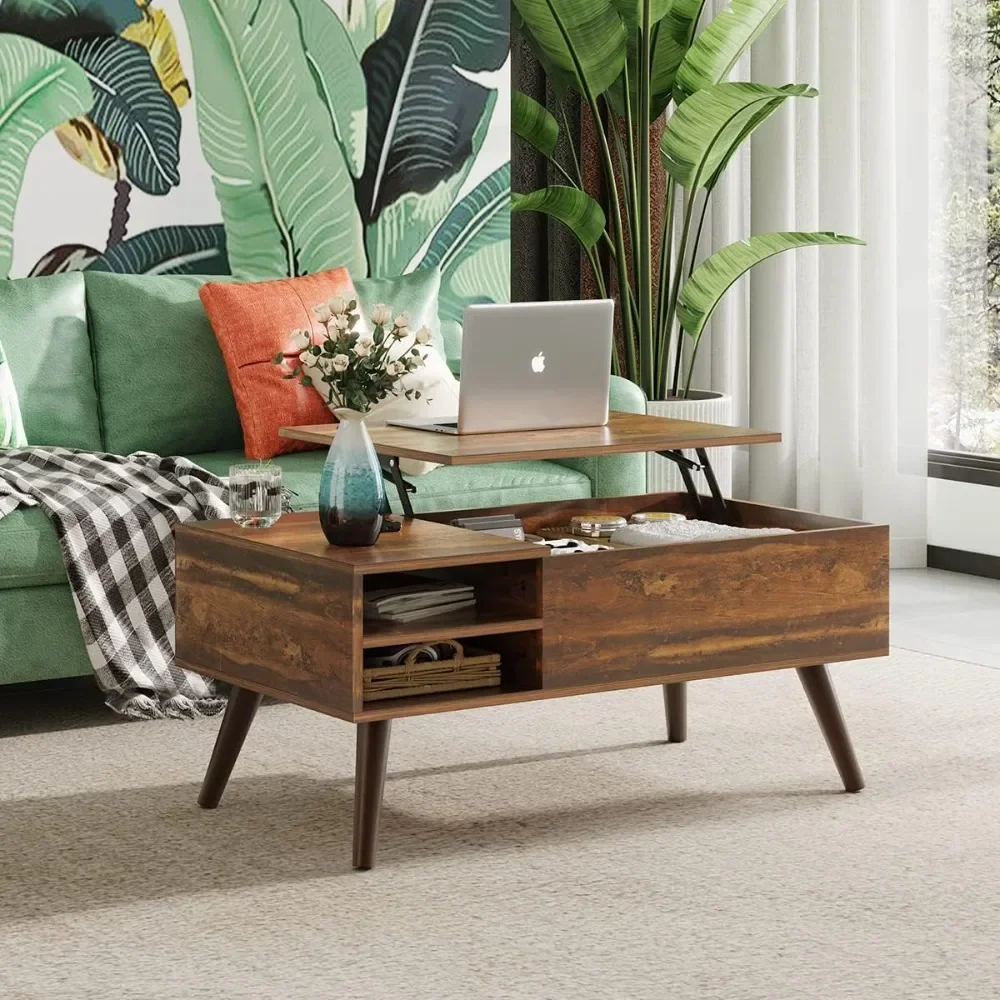 Wood Lift Top Coffee Table with Hidden Compartment and Adjustable Storage Shelf, 2