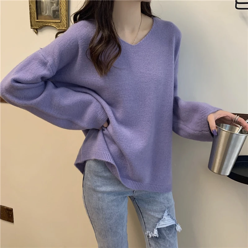 V-neck Pullovers Women Solid Candy Colors Sweet Harajuku High Street Loose-fit Long Sleeve Sweaters Ulzzang Knitted Pullover Ins striped sweater