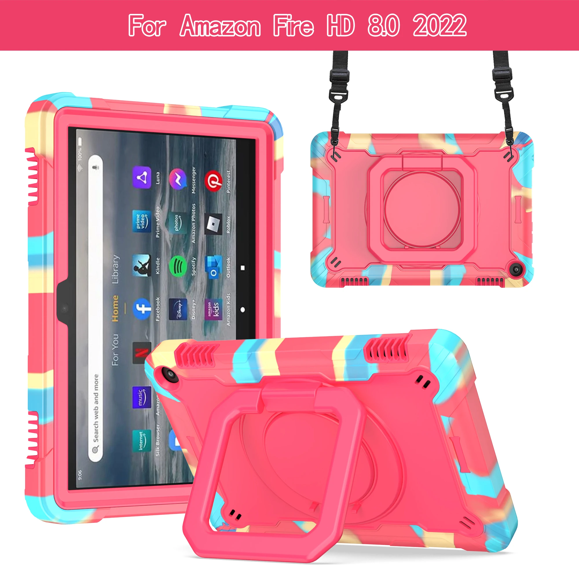Durable Dropproof Tablet Case with 360° Swivel Holder and Shoulder Straps, Contrasting Design