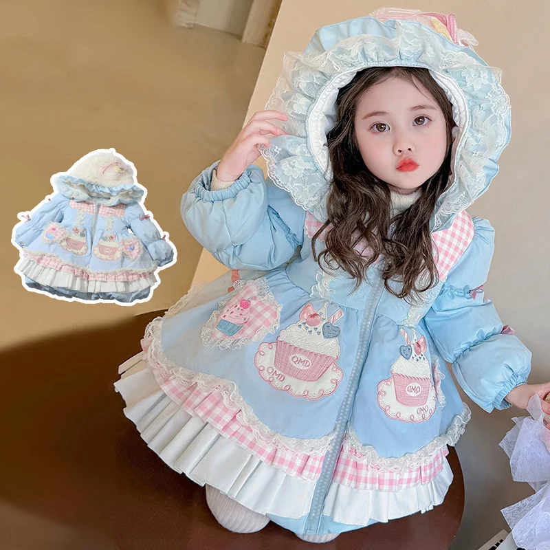 سترة قطنية لوليتا للفتيات الكرتونية سترة شتوية للأطفال سميكة ودافئة وعصرية بقلنسوة مزينة بفيونكة سترة قطنية حلوة