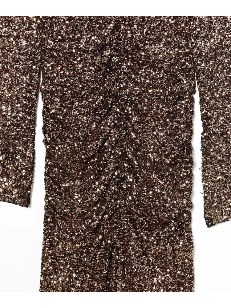 New Sequin Sexy Party Long Dress Women V-neck Long Sleeve Slim Pleated High Split Dresses 2025 Autumn Lady Evening Robe