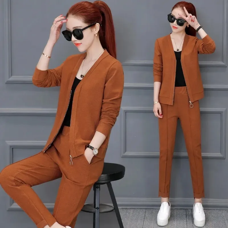 

Women Knitted Three Piece Sets Zipper Top and Cropped Vest and Pencil Pant Suits Streetwear Trackuits High Waist Sport Wear