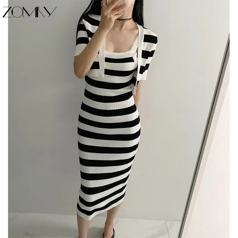

ZOMRY 2023 корейский шикарный летний комплект из двух предметов в полоску облегающее трикотажное платье средней длины элегантное Удобное повседневное платье