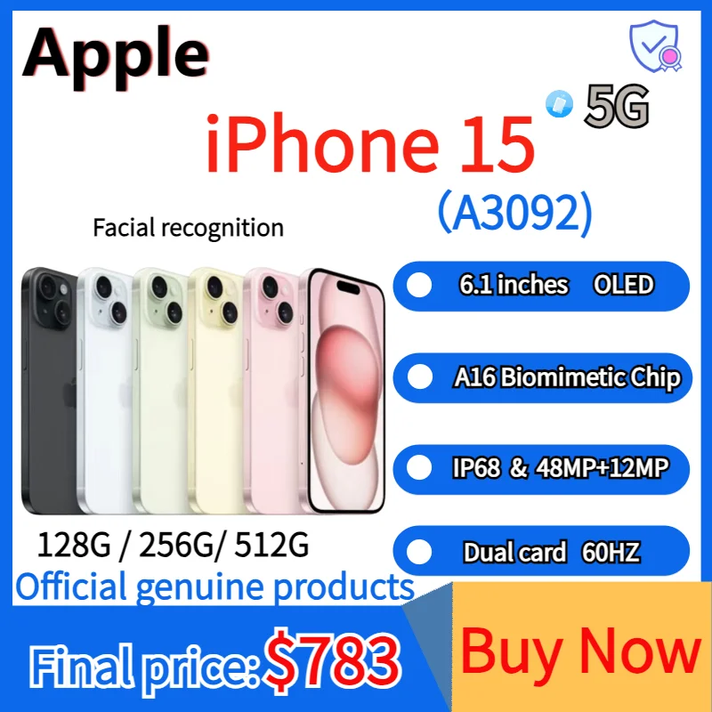 

Apple iPhone 15 A3092 iOS 17 Apple A16 Bionic Super Retina XDR OLED Display IP68 dust/water resistant Dual-SIM 100% New Original
