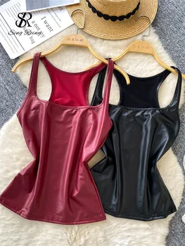 SINGREINY PU Canotte in pelle senza maniche Colletto quadrato Solido Slim Hot Girl Camis Donna 2025 Moda Skinny Sexy Clubwear Top 1