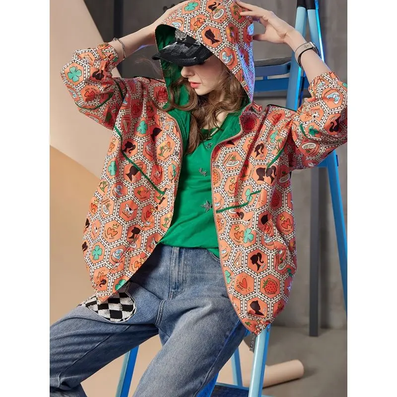 

Printed hooded baseball jacket women's spring and autumn new Fashion style fried street age-reducing fashion Loose jacket women