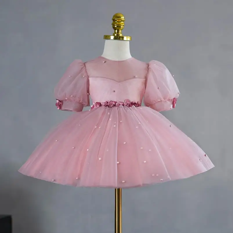 

Summer New Chidlren's Princess Evening Gown Bow Mesh Bead Puff Sleeve Design Birthday Baptism Eid Party Girls Dresses A2564