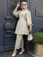 Ensemble 2 pièces pour femmes musulmanes, manches longues, à lacets, Y et pantalon, Turquie Abaya, tenues islamiques solides, caftan arabe, survêtement 1