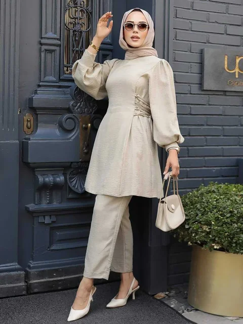 Ensemble 2 pièces pour femmes musulmanes, manches longues, à lacets, Y et pantalon, Turquie Abaya, tenues islamiques solides, caftan arabe, survêtement 1