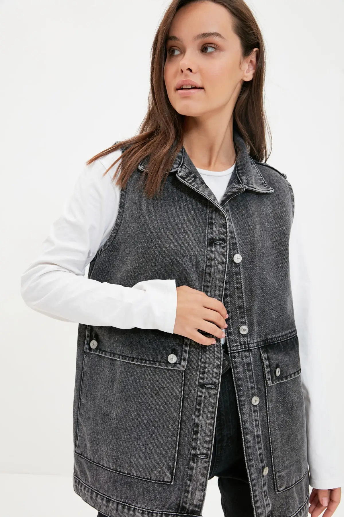 

Anthracite Shirt Pocket Detailed 100% Cotton Denim Vest Jacket TCTAW22CK0006 Piece Not Available Plain Street Style Grey Rigid