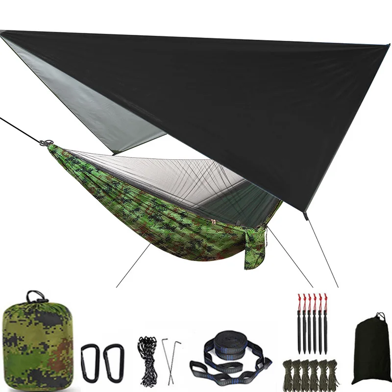 Camping Hammock Mosquito Net and Rain Fly Tarp Portable Tent Parachute Hammock with Tree Strap Indoor Outdoor Backpacking Travel 