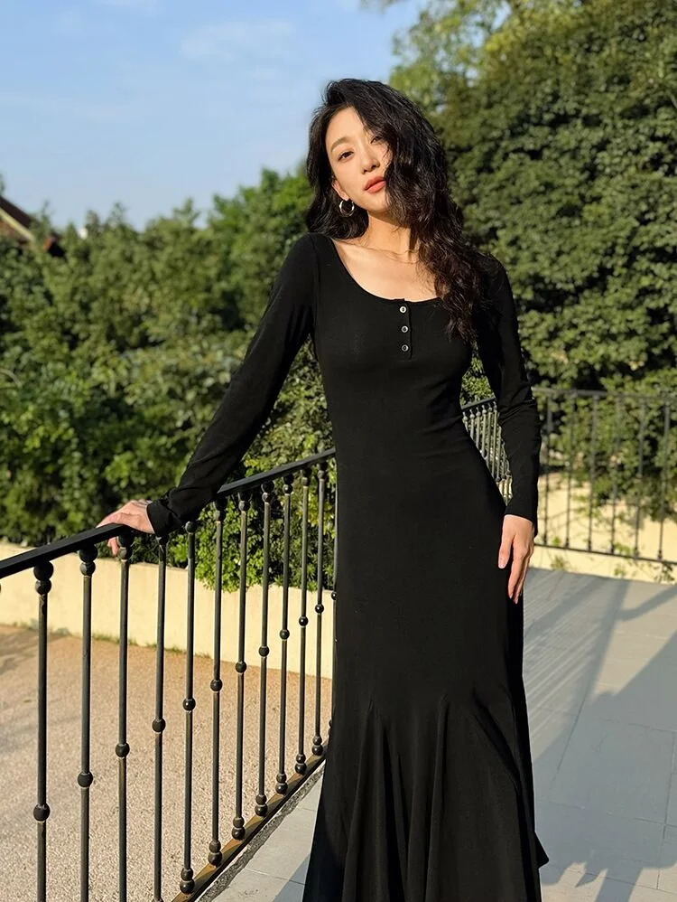 

Женское трикотажное платье на пуговицах, повседневное длинное черное платье на пуговицах с квадратным вырезом и длинным рукавом, весна 2024