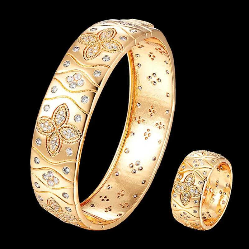 

Zlxgirl jewelry Big Dubai Gold four-leaf flower Bangle Women Wedding Party AAA Cubic Zirconia Crystal CZ bangle&bracelet anel