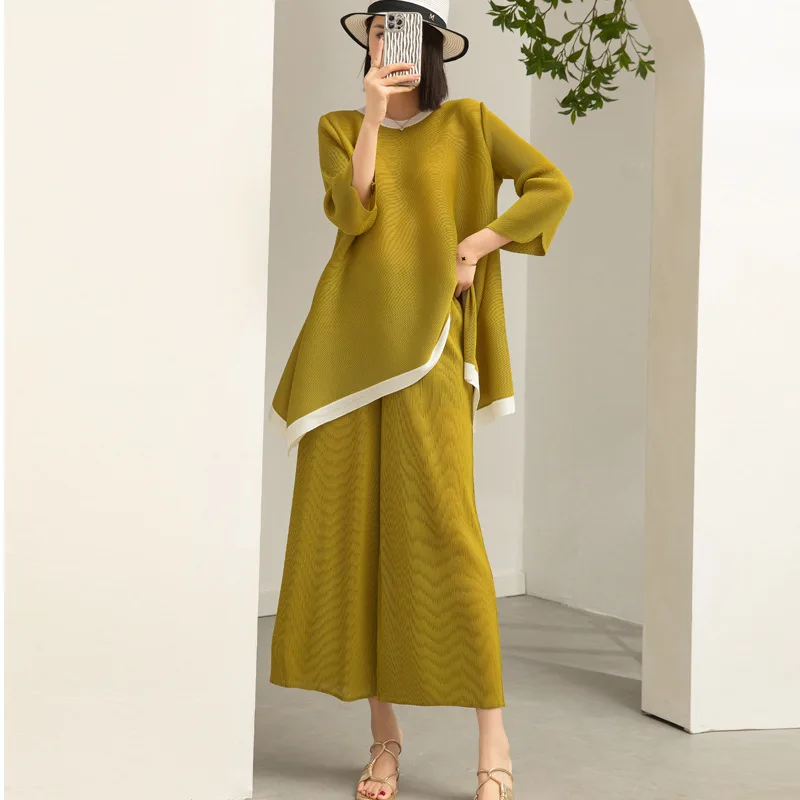 

Miyake Suit Fashionable High-end Women's Pleated Round Neck Contrasting Irregular Top High Waist Drape Straight Wide Leg Pants