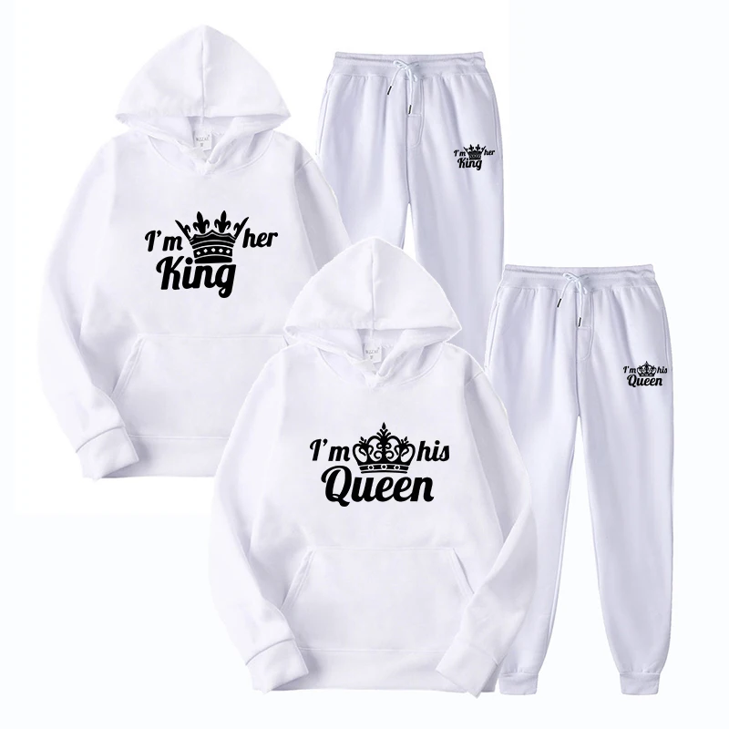 Men's And Women's Long Lover Tracksuit Hoodie Print QUEEN KING Couple Sweatshirt Plus Size Hoodie Clothes Ladies Two Piece men s ladies hoodie bob marley legend reggae one love print sweatshirt winter fashion casual tops long sleeve pants suit clothes