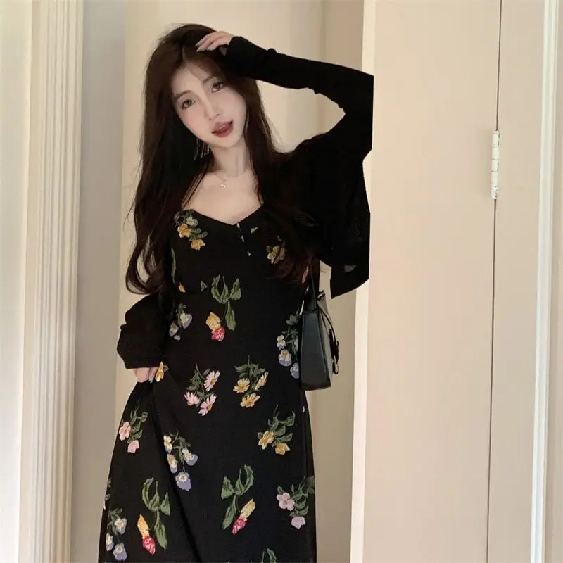 레트로 블랙 플로럴 피쉬테일 홀터 원피스 + 니트 자외선 차단 긴팔 투피스 여성..