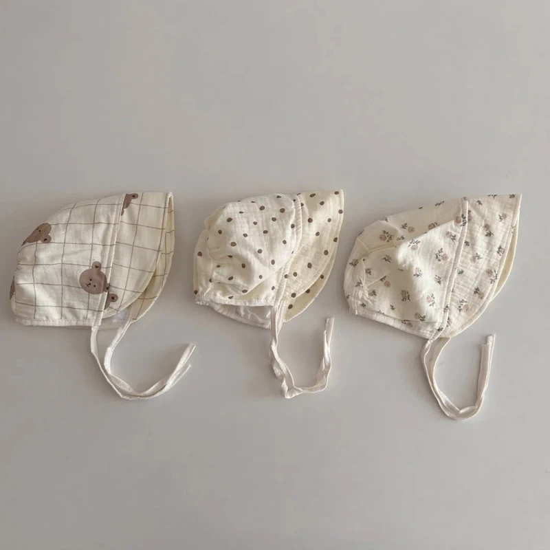 Korean Print Baby Sun Hat Cute Flower Cherry Infant Girls Princess Cap Spring Autumn Cotton Newborn Ear Protection Caps Bonnet