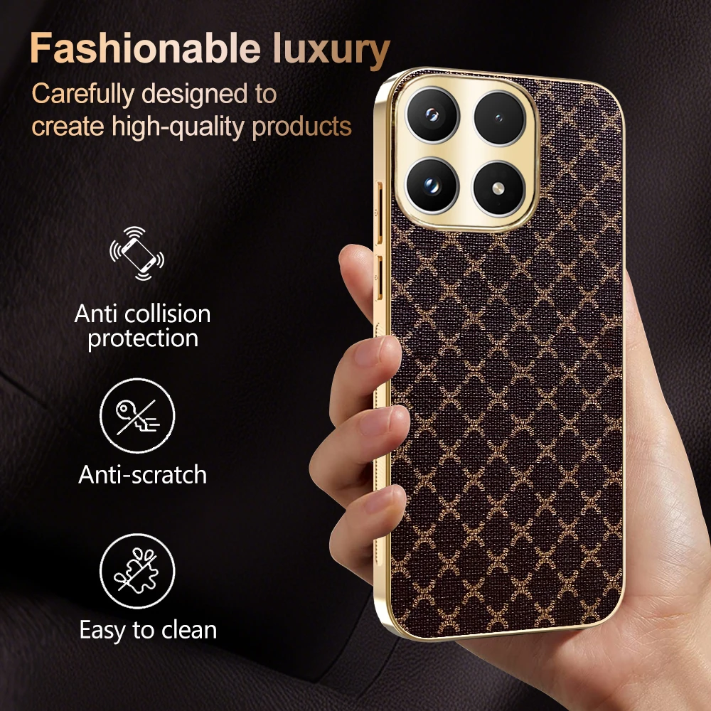 Retro Grid Pattern Leather Phone Case with Gold Plating Frame