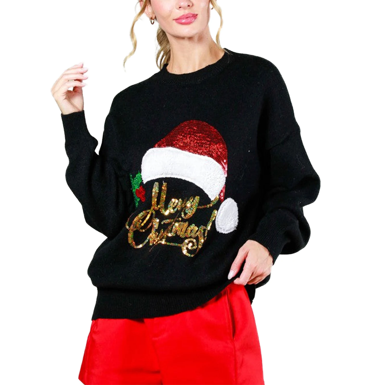 thumbnail image 1 of Suéteres navideños para mujer Combhasaki con patrón de gorro de Papá Noel con lentejuelas brillantes, manga larga, cuello redondo, corte holgado, prendas de punto, 1 of 5