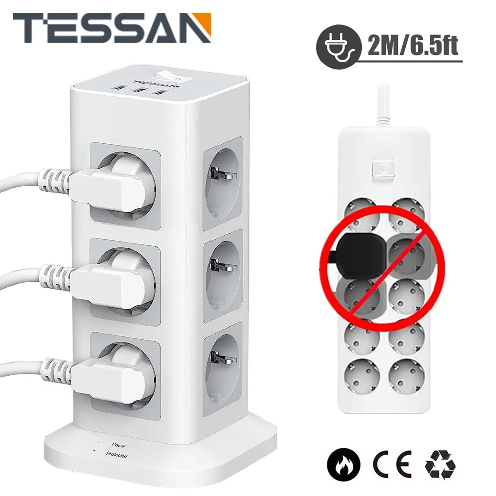 TESSAN-toma de corriente de torre, tira de alimentación Vertical, enchufes  múltiples con Cable de extensión USB de 2M, enchufe de la UE, enchufe  eléctrico, protección contra sobretensiones - AliExpress