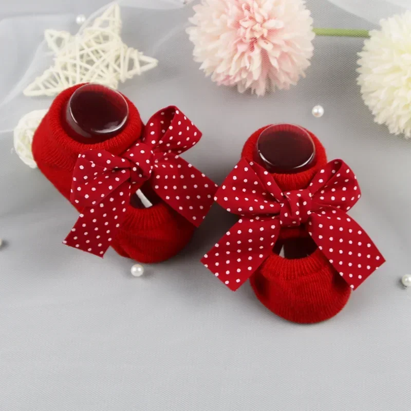 Spring Newborn Indoor Cotton Floor Socks Infant Anti Slip Bow Dot Socks Baby Girl Boys Rubber Soles Baptism Gifts
