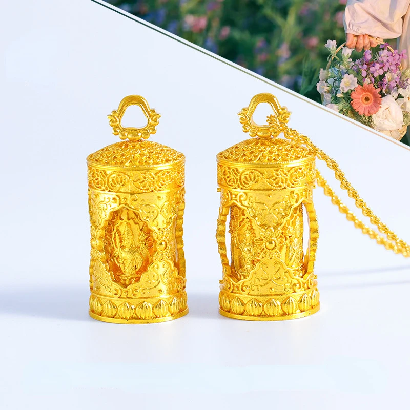 

24K Pure Yellow Gold Color Thai Four Sided Buddha Pendant with A Rotating Necklace Hollow Pendant Twists Link Chain Jewelry Gift