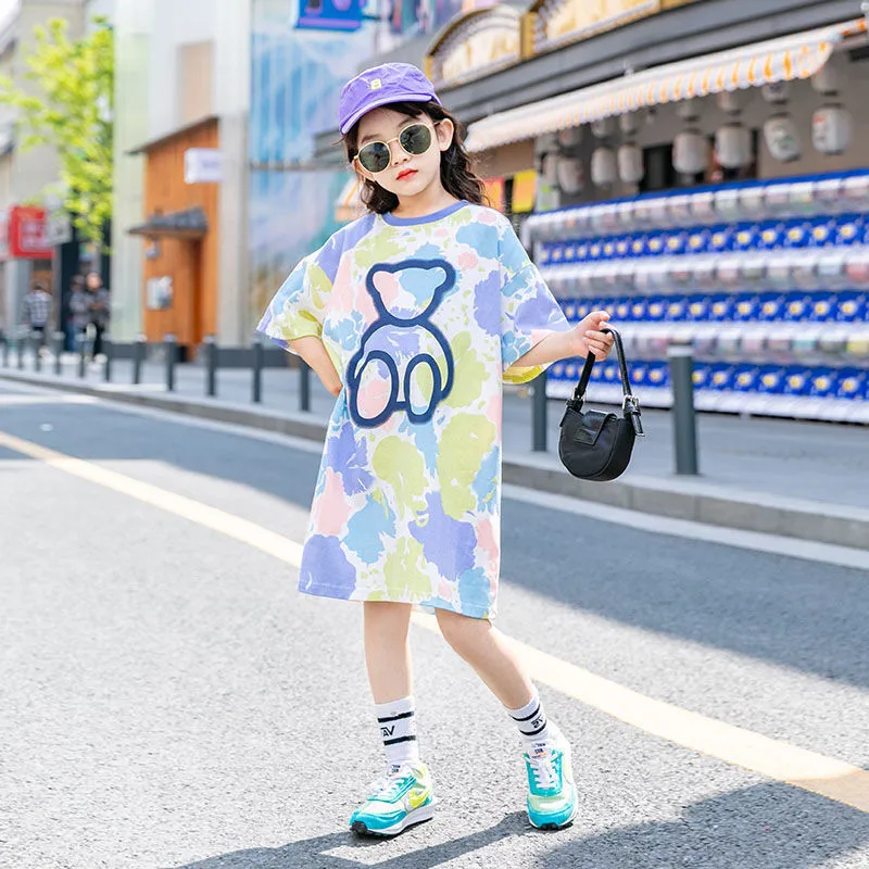 

Летняя длинная футболка для девочек 2024, детские свободные футболки, новые детские платья с коротким рукавом для среднего подростка, платье с медведем, 5, 6, 7, 8, 9, 12 лет