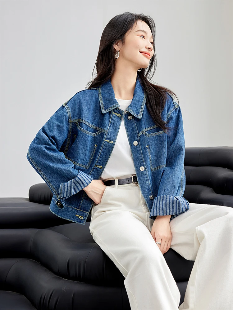 Fashion Vintage Denim Jacket Women's Single Breasted Lapel Short Coats Loose Casual Versatile Long Sleeve Jean Jacket - Image 5