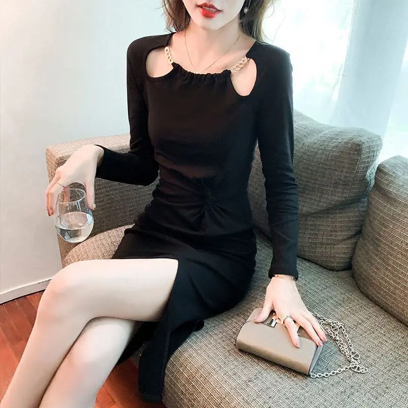 Spring and Summer 2023 Slim Medium Length Slim Design Hollow Waist Twist Slim Split Autumn Dress