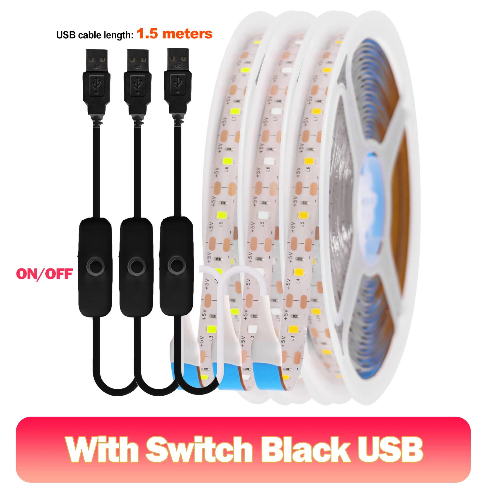 ตัวเลือกสินค้า LED Strip Light 60LEDs 1/3/5M สีขาวอุ่น-ฟ้า ปรับสว่างได้ กันน้ำ