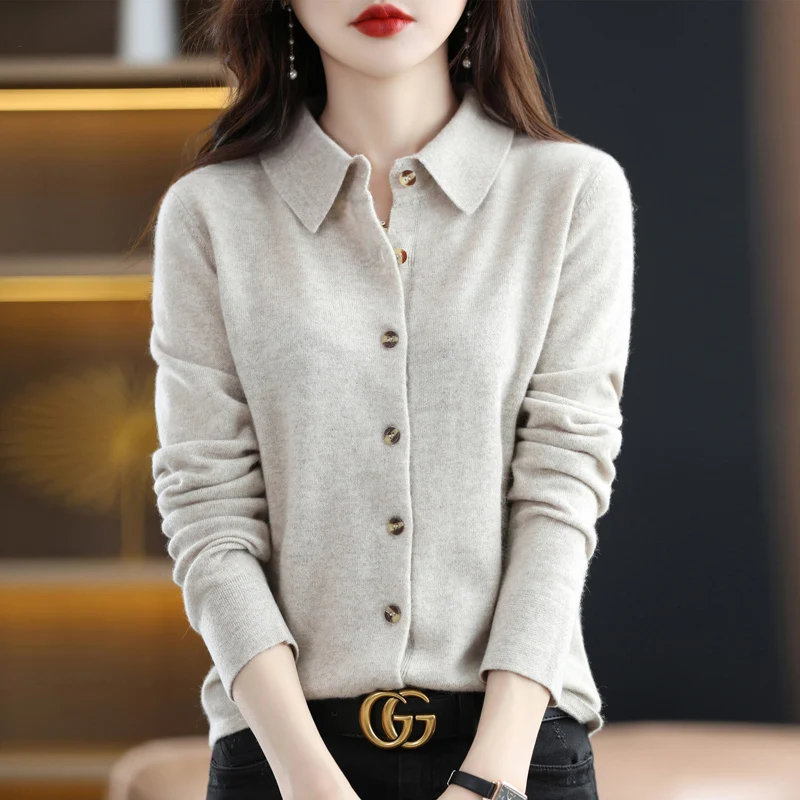 

New Autumn And Winter Solid Color POLO Collar Long Sleeve Sweater Coat Loose Knit Cardigan Temperament Bottoming Shirt