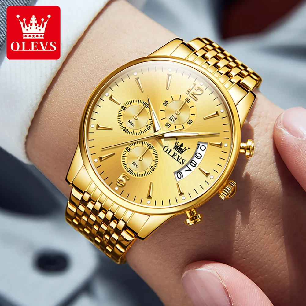 OLEVS 2867 Business Golden Stainless Steel Men Watches Luxury Brand Date Chronograph Luminous Waterproof Quartz Watch for Man