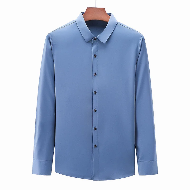 Men's shirt thin business casual imitation silk lapel solid color long sleeve