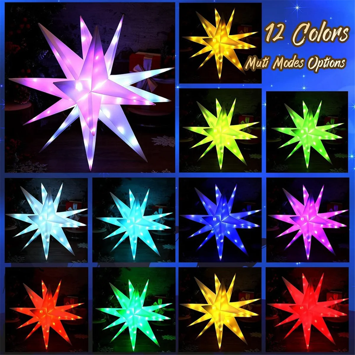 Smart Moravian Star Light RGB LED 3D Christmas Tree Star Lights with Remote Music Pendant Porch Outdoor Decor-US Plug(A)
