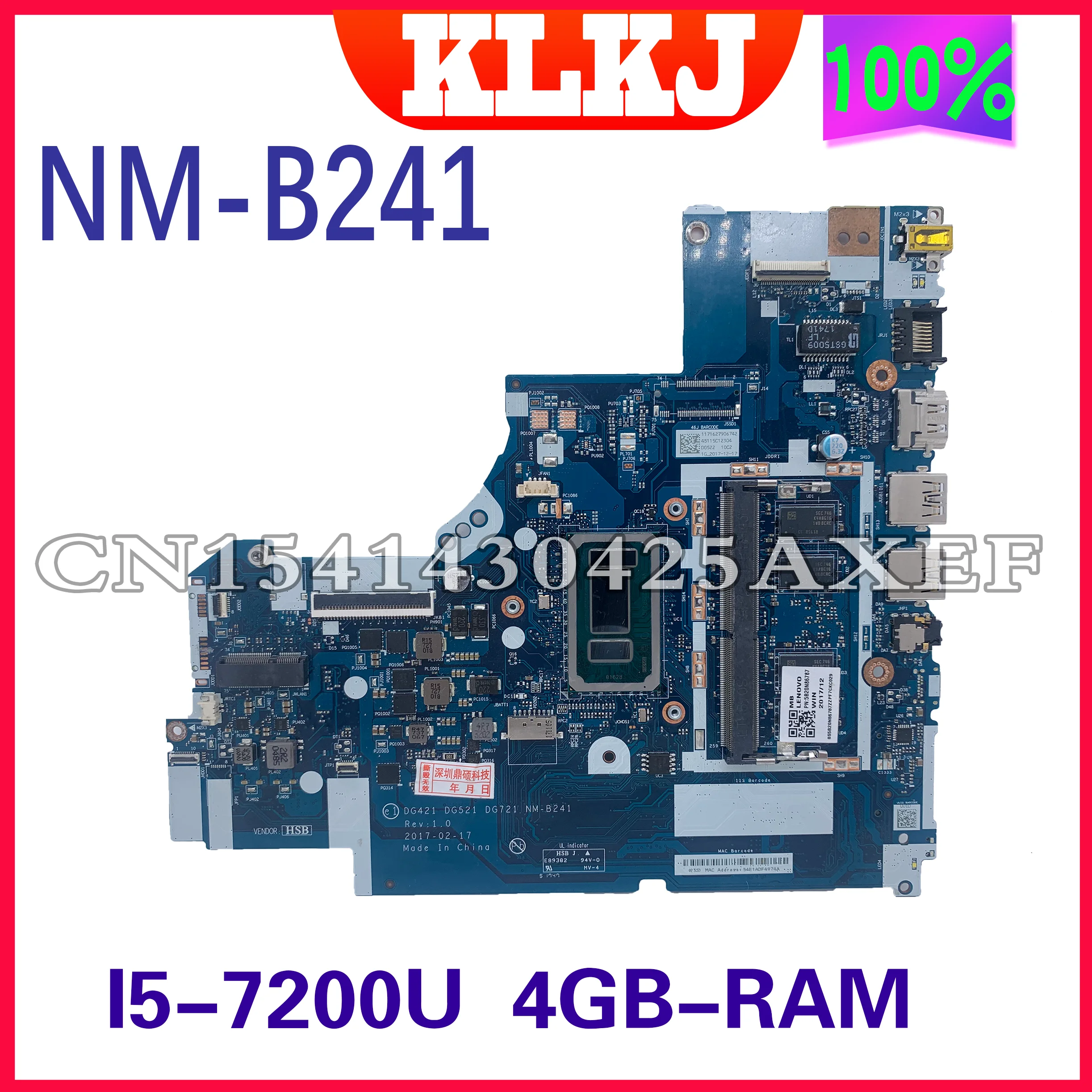 KLKJ NM-B241 Laptop Motherboard For Lenovo Ideapad 320-15IKB 320-15ISK Original Mainboard 4GB-RAM I5-7200U GM top pc motherboards