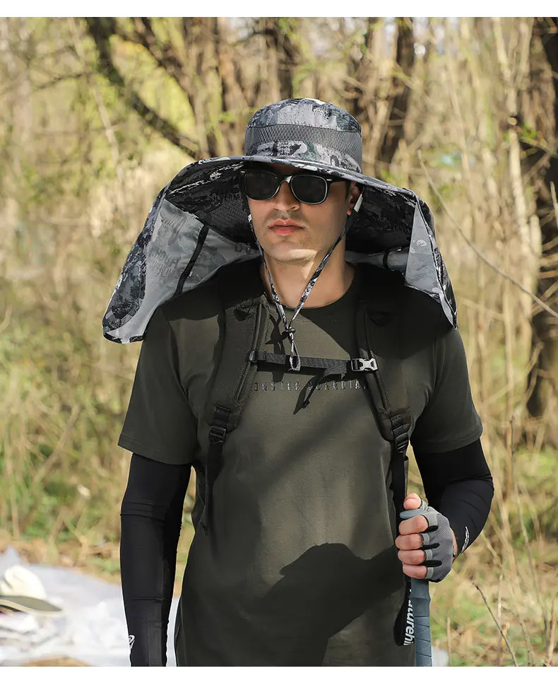Sombrero Hut großen Schal Sonnenschutz Nackenschutz Krempe Sonne Outdoor Freizeit Bergsteigen Fisch kappe Männer wasserdicht Fischer groß – Detail 19
