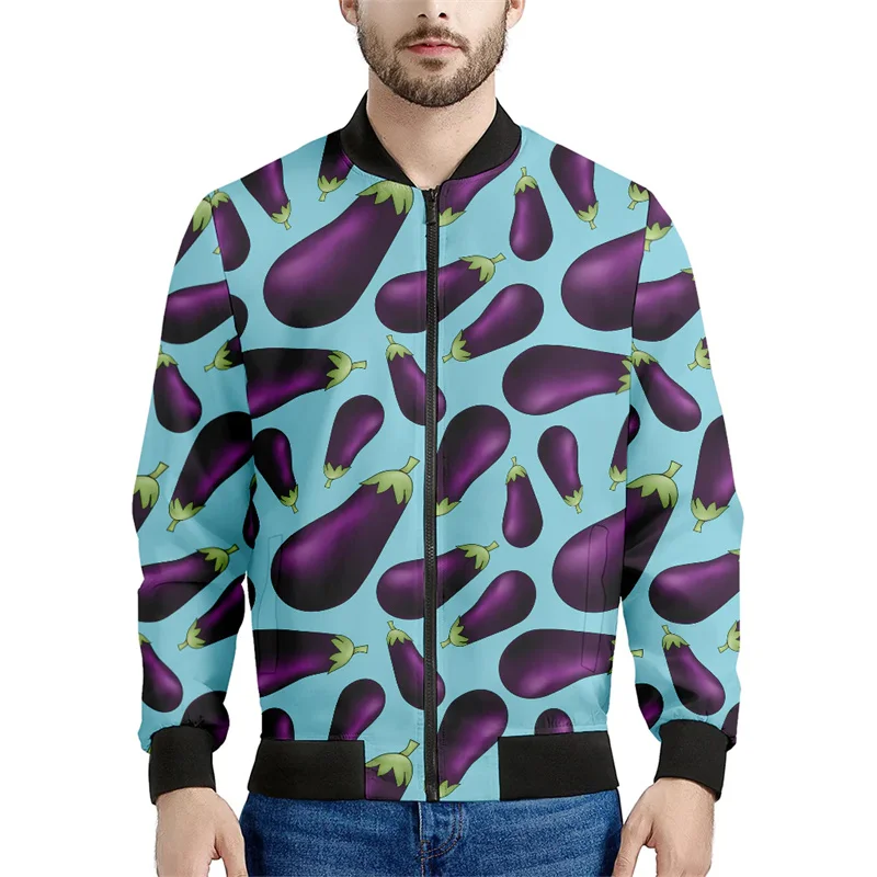 thumbnail image 1 of Chaquetas con cremallera y estampado de berenjena a la moda para hombre, abrigo vegetal con estampado 3D, chaqueta informal de calle con cremallera para mujer, sudadera de manga larga, 1 of 5