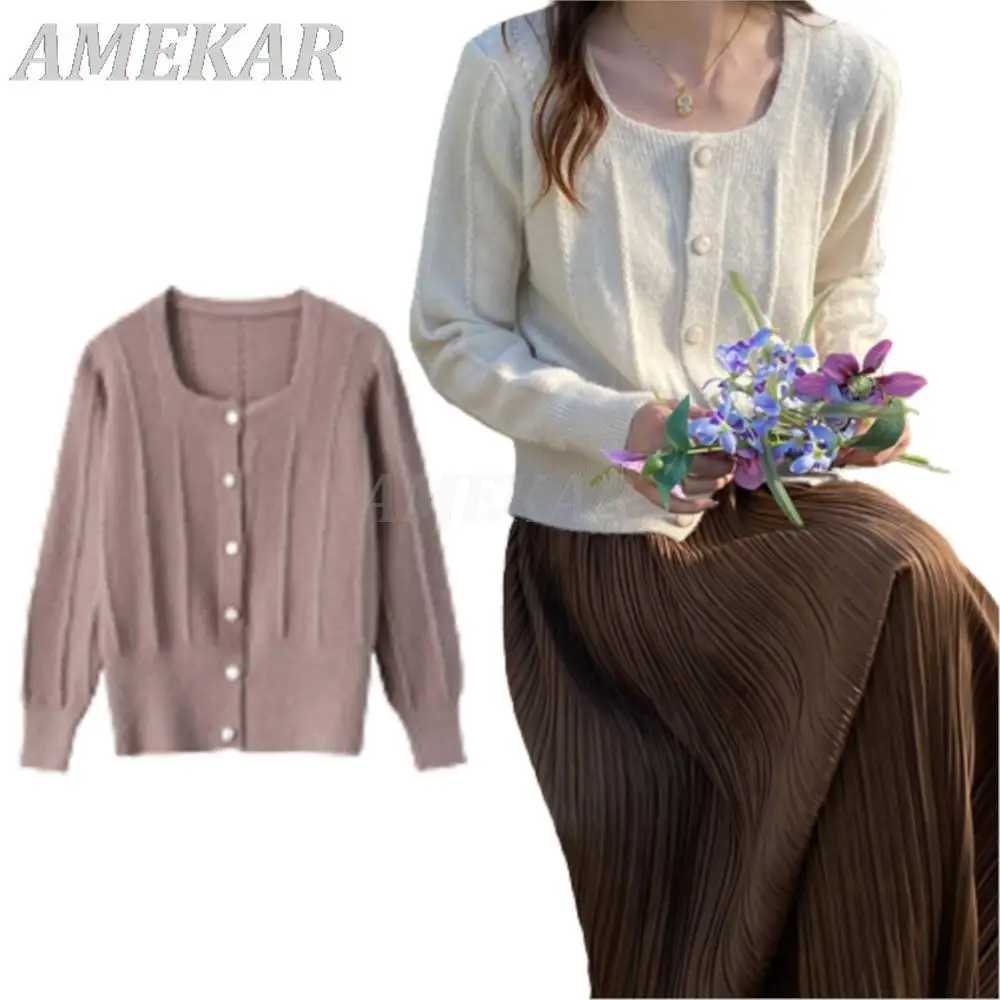 

Women Square Neck Striped Texture Knitted Cardigan Spring New Simple Slim Sweater Lady Casual Loose Button Knitting Short Tops