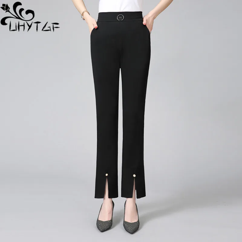 

UHYTGF Casual Pants Womens SpringSummer Large Size Slit Fashion High Waist Elastic Slim Micro Speaker Ladies Casual Trousers 275
