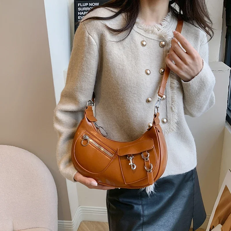 

Female Fashion Half Moon Shoulder Bag Punk Style Pu Leather Crossbody Bag Designer Female Silver Pu Leather Handbag And Purse