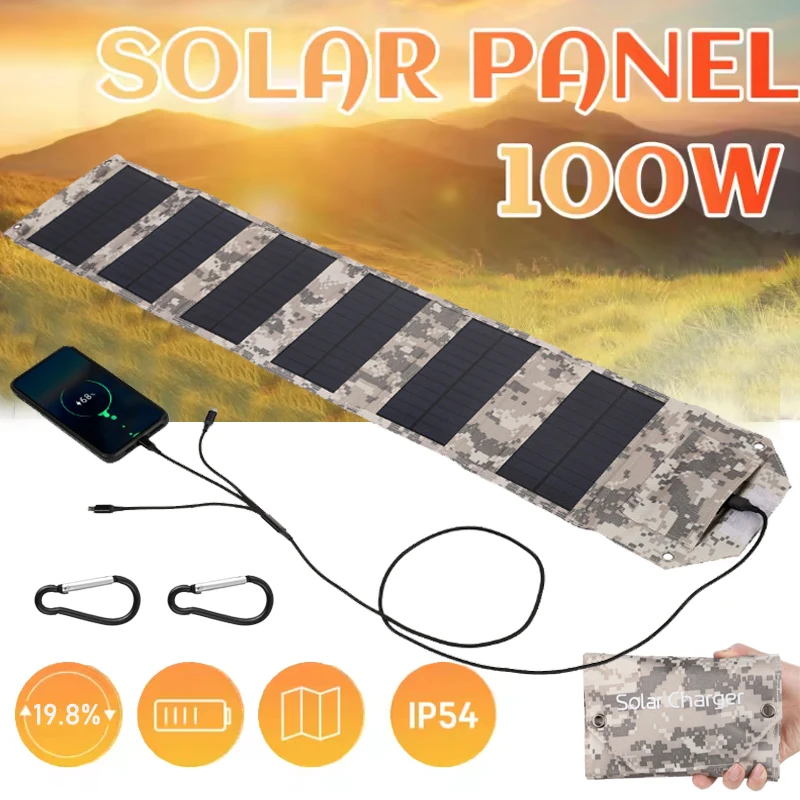 100 W/80 W/60 W แผงพลังงานแสงอาทิตย์แบบพับได้แบตเตอรี่เครื่องชาร์จ 5V Solar Cell USB พลังงานแสงอาทิตย์พับกระเป๋า Power Bank สําหรับโทรศัพท์ Camping ฉุกเฉิน 1