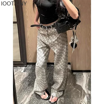 Y2k Women's Baggy Pattern Jeans Harajuku Japanese 2000s Style Grey Denim Trousers Vintage Jean Long Pants Oversize Clothes 1