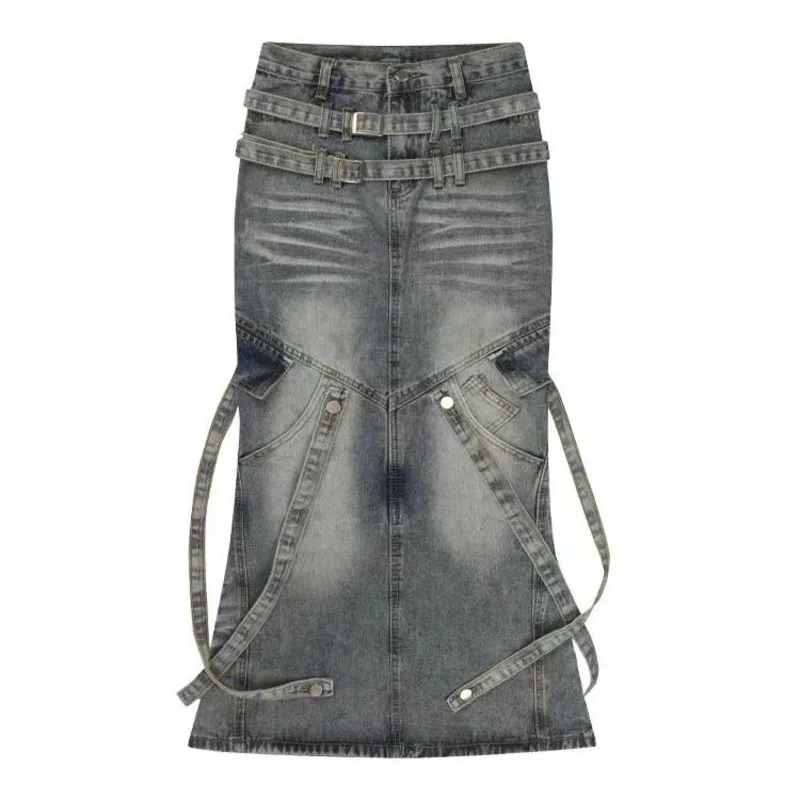 

2023 New Vintage Women Long Denim Skirt Fashion Korean Style Ribbon A-Line Skirt Harajuku Streetwear Y2k 90s Pippie Jean Skirt