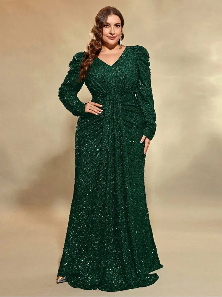 

Plus Size V Neck Long Sleeve Wedding Banquet Sequined Multicolor Long Dress 4XL 5XL Big Size Luxurious Sparkling Evening Dress