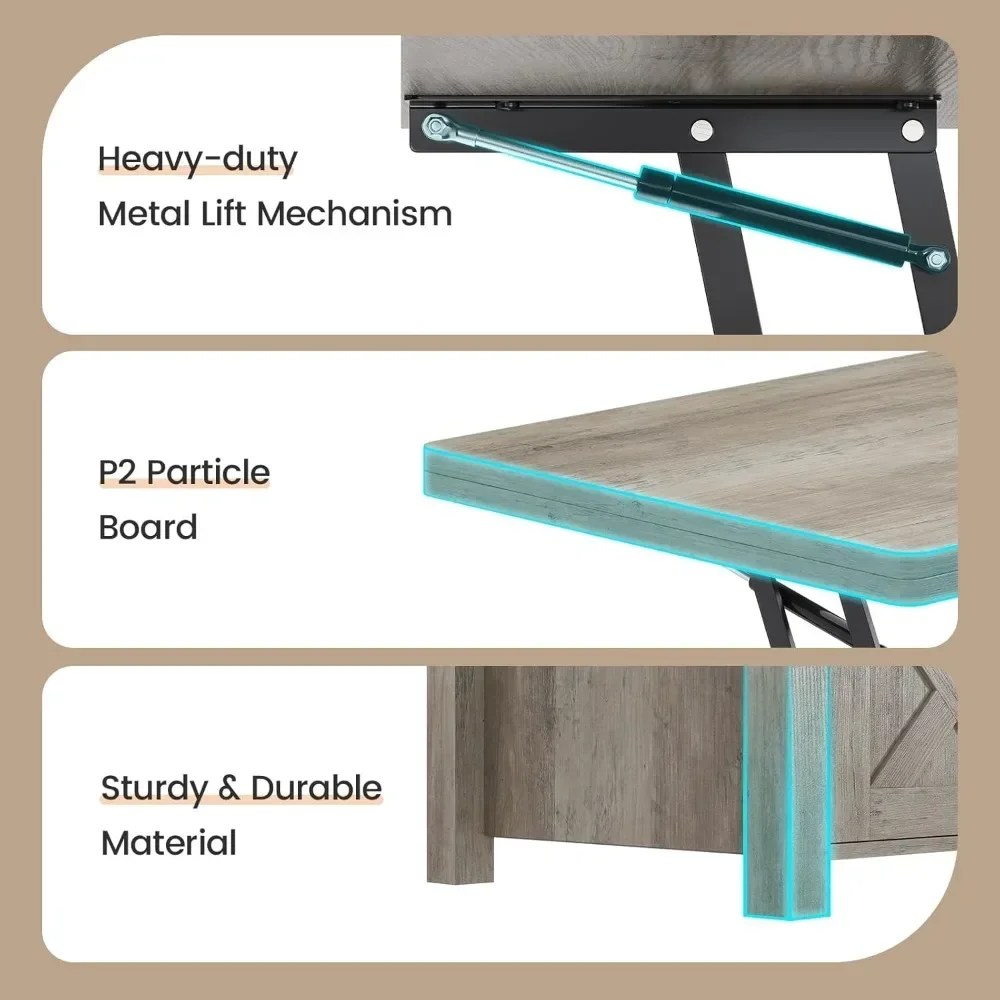 Lift Top Coffee Table, 4 in 1 Multi-Function Convertible Coffee Tables with Storage and Hidden Compartment, Farmhouse Cof