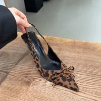 Women's Kitten Heels Slingbacks Sandals Leopard Genuine Leather Pointed Toe Party Wedding Shoes Woman Quality Pumps Bow - Image 4