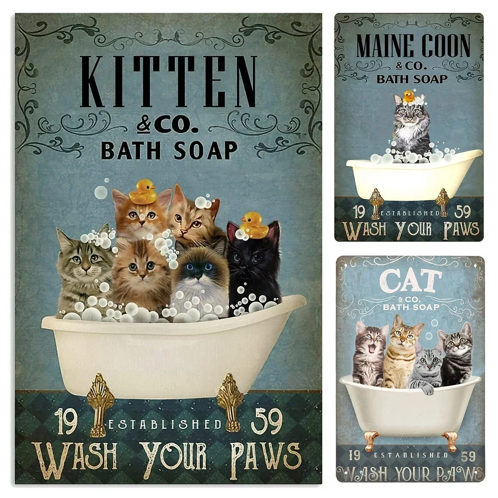 

Metal Tin Sign Cats Vintage Metal Tin Signs Bathroom Wash Your Paws Iron Painting Plaque Wall Decor Funny Bathroom Retro Posters